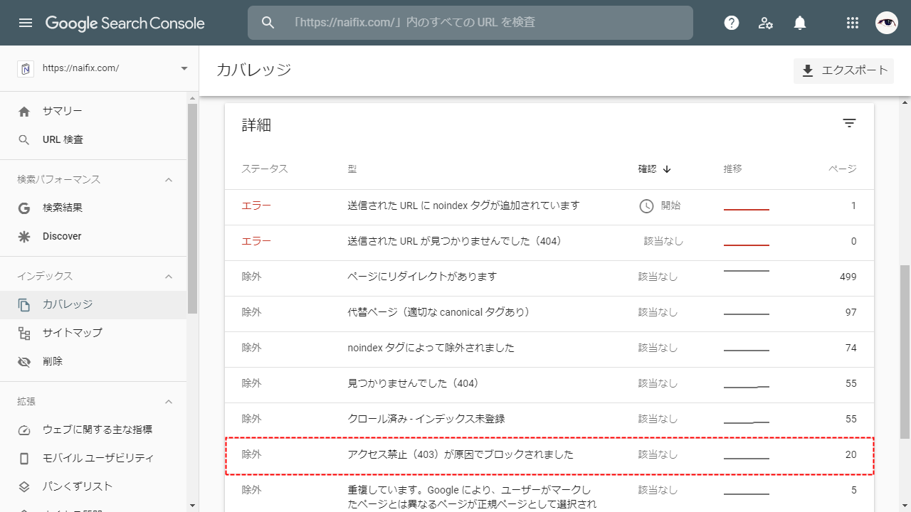 Search Console アクセス禁止(403)が原因でブロックされました