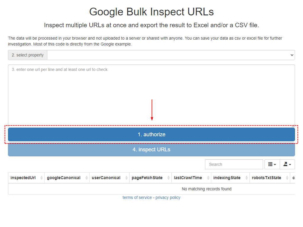 Google Bulk Inspect URLs authorize