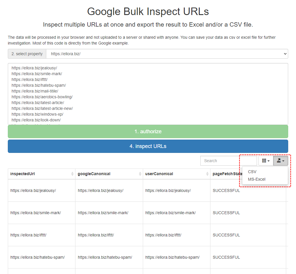 Google Bulk Inspect URLs データエクスポート