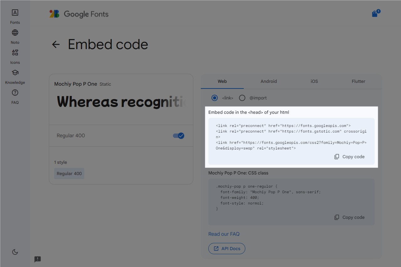 Google Fonts - Embed code in the of your html